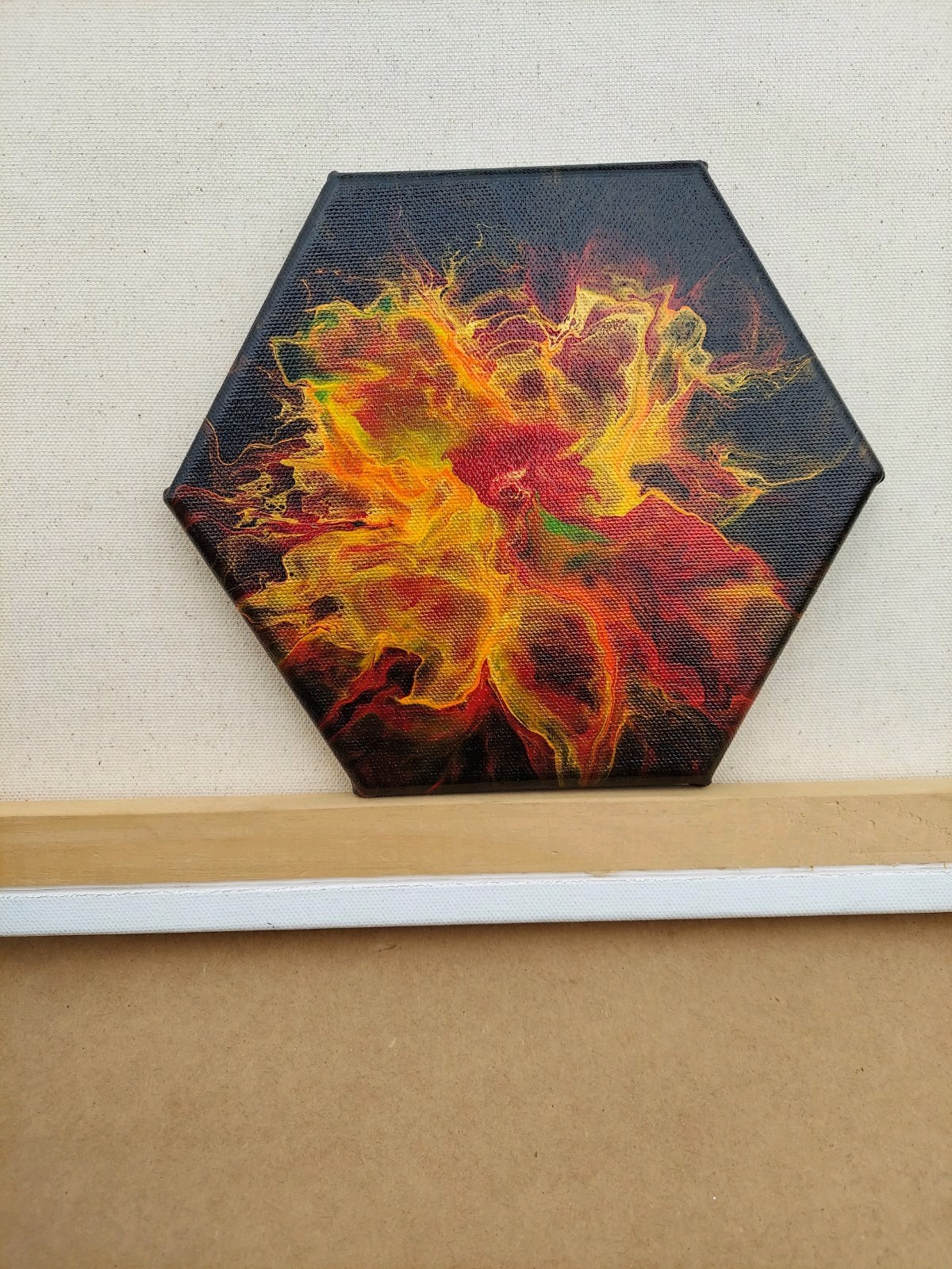 Abstract Acrylic Pour Painting Black Background Red Yellow Orange Hexagon