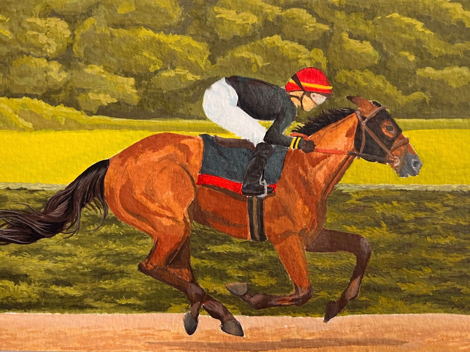 original painting race horse and jockey gouache on paper 5×7