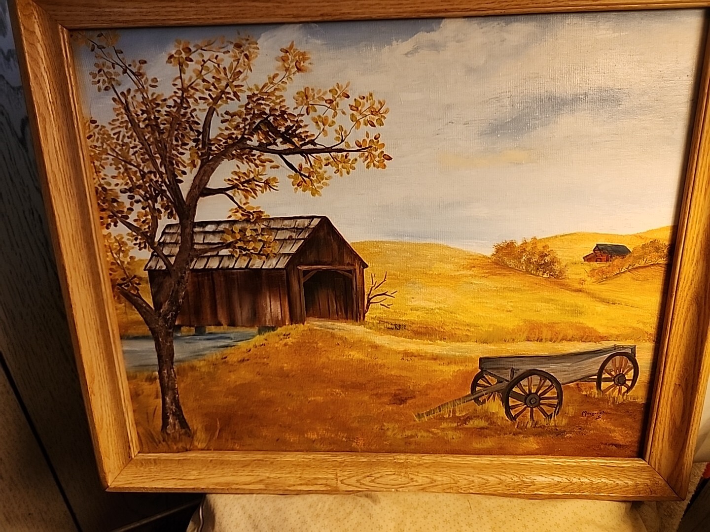 Vtg Wood FRAMED Painting Farm Still Life Wagon Rolling Hills Art Picture Signed