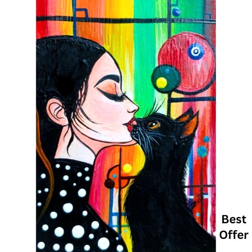 ACEO Original Cat Lady Cute Animals Love Mini Pop Art Acrylic Hand Painting NEW