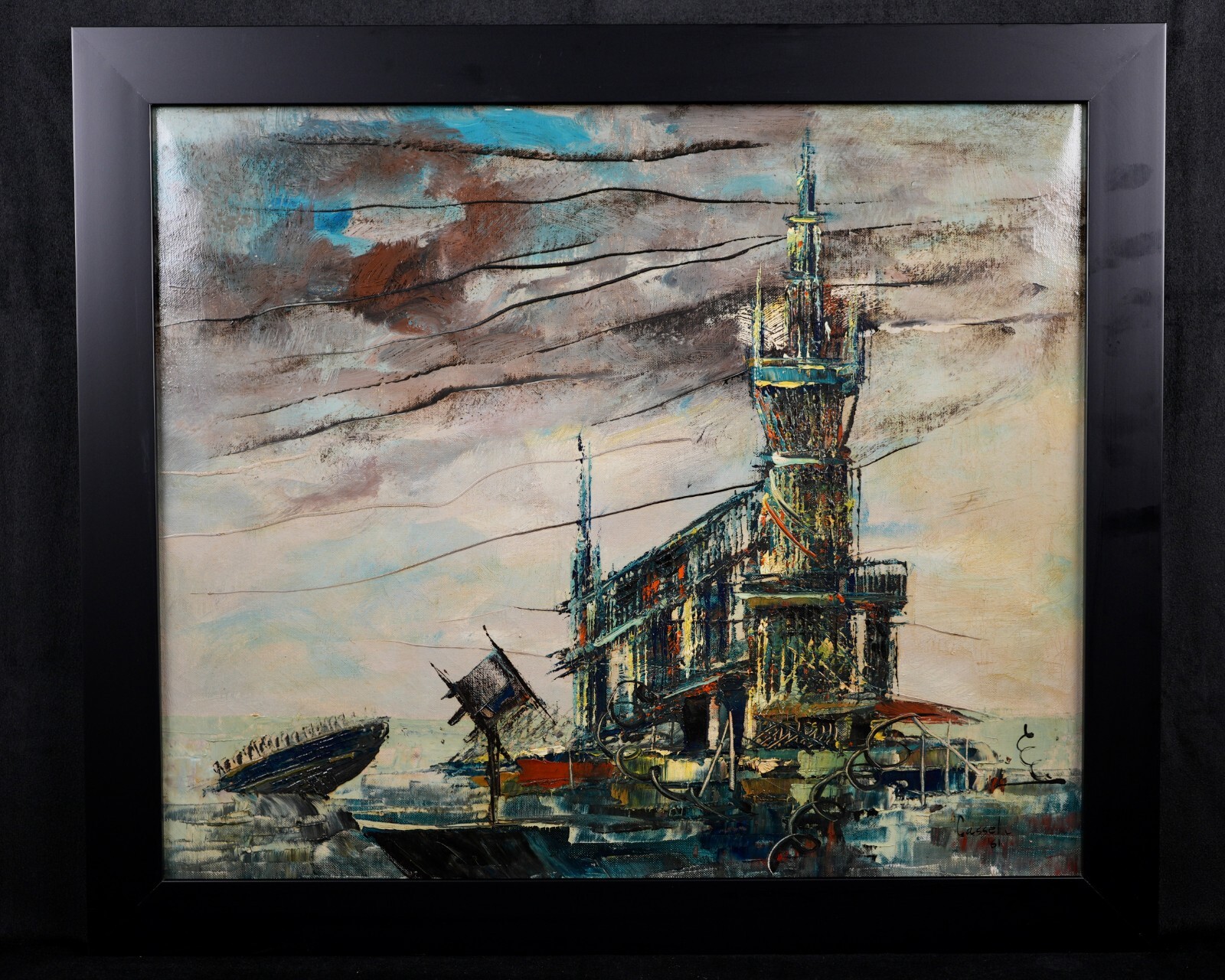 Vintage Original Surrealist Seascape Oil on Canvas «Harbor Scene» By Cassel