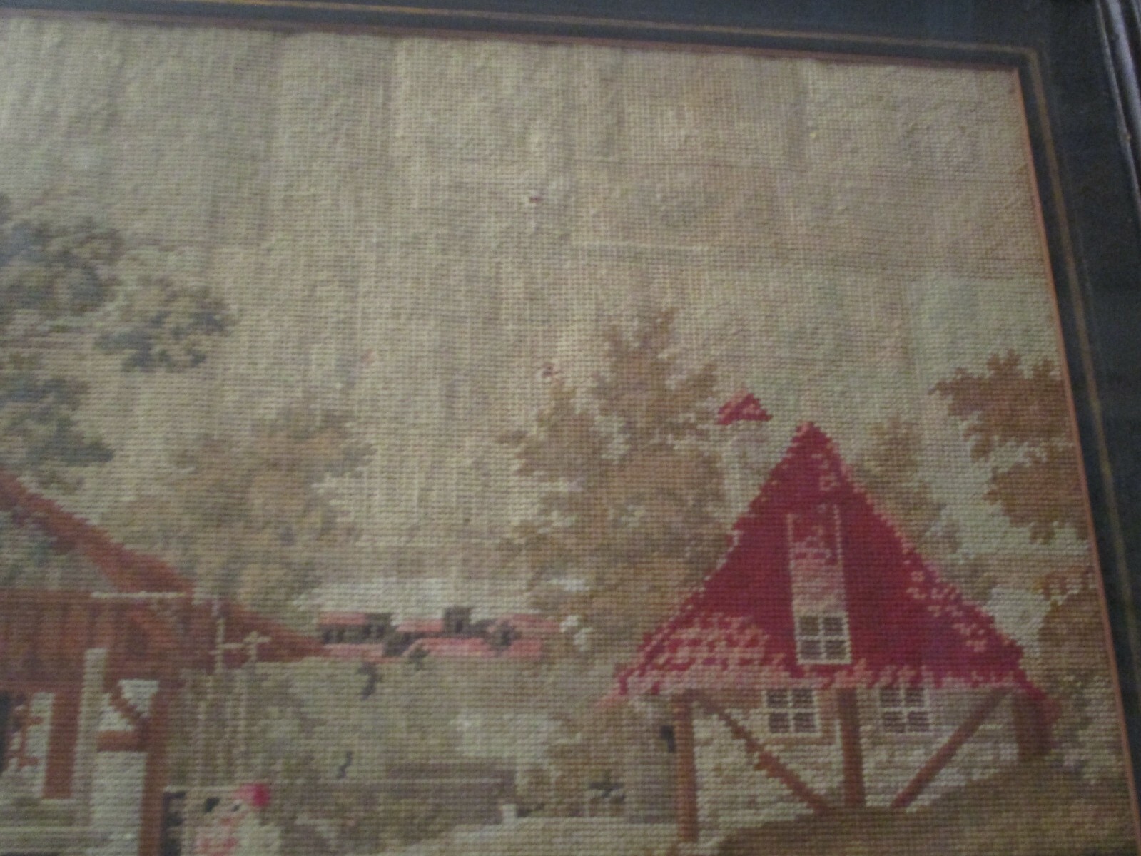 MARY GERTRUDE FERDON NEEDLEPOINT PAINTING 1850 FOLK ART LANDSCAPE NAIVE ANTIQUE