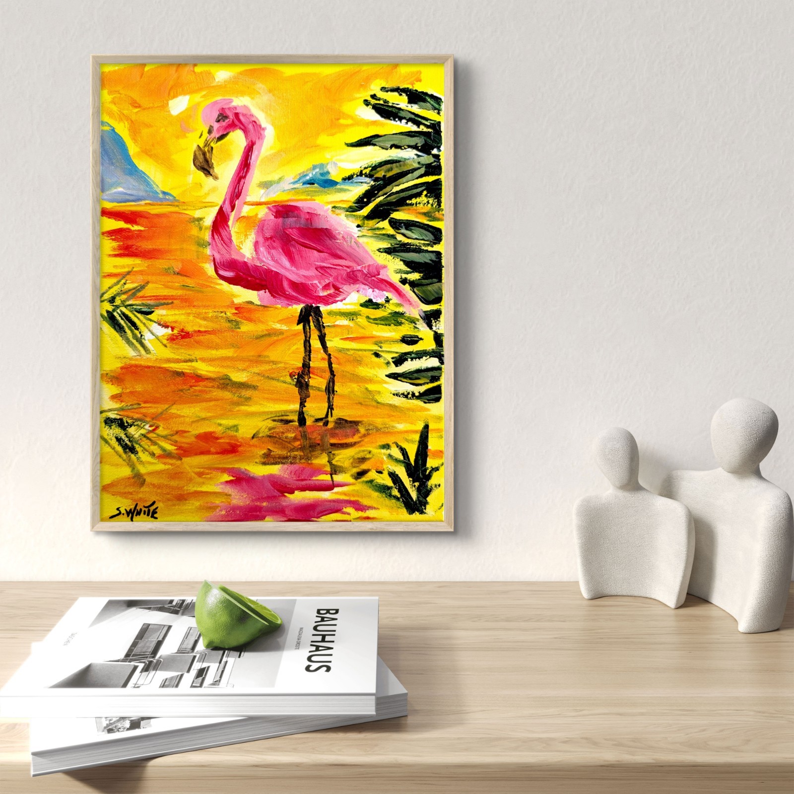 Flamingo 9×12 Original Painting Abstract Modern Art Canvas Wildlife Pink SWhite