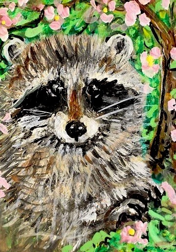 ORIGINAL ACEO Painting RACCOON Spring Flowers Landscape Animal Wild Nature ART