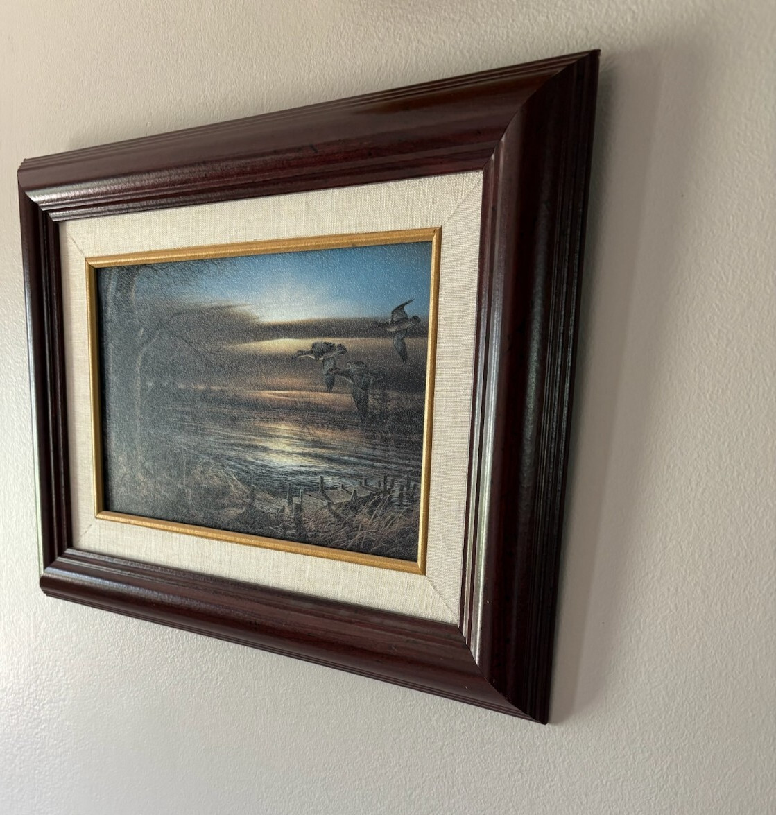 Sunset Landscape Scene With Flying Ducks Oil Painting 17 W x 13 T Nice