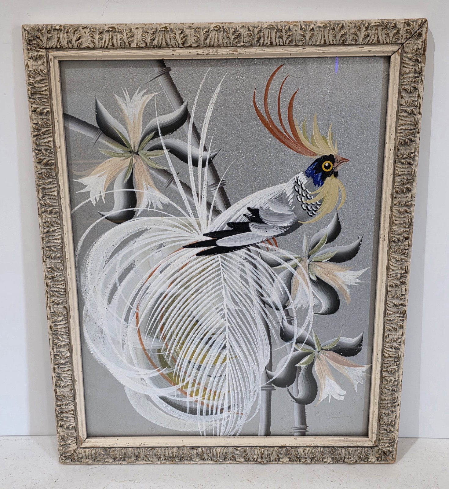 1950s MCM Bird Of Paradise Original Silverboard Painting Framed 16″x20″