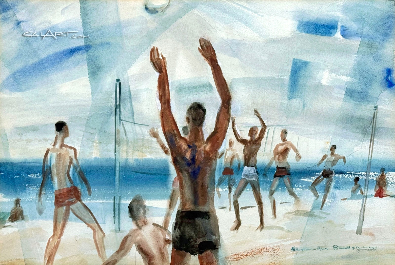 1930s Alexandra Bradshaw Modernist Painting Laguna CA Beach Volleyball Players