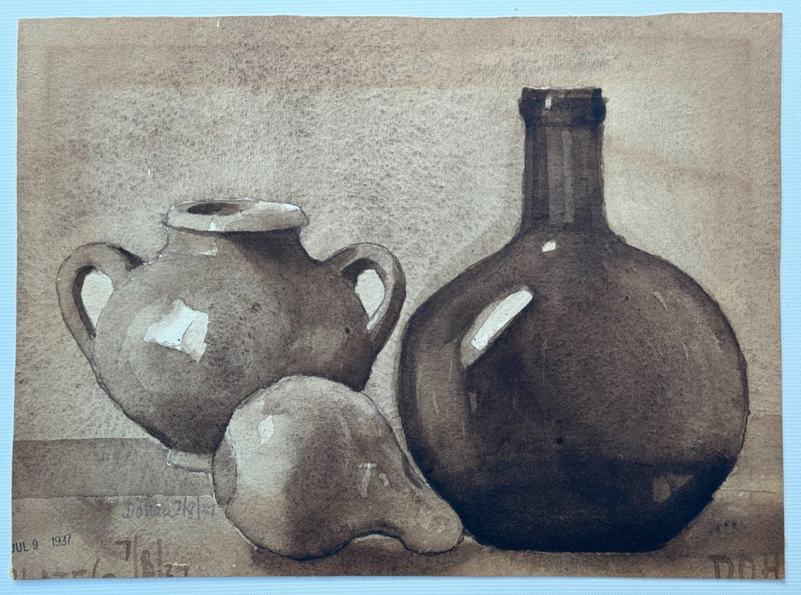 DOHAN ANTIQUE 1937 ORIGINAL ART WATERCOLOR PAINTING POTTERY SQUASH POT BOTTLE