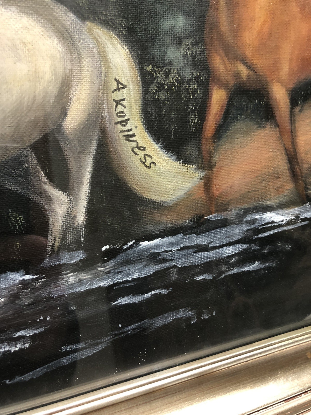 VTG Original Signed Oil On Canvas Painting Two Horses Wading In Water Framed 17”