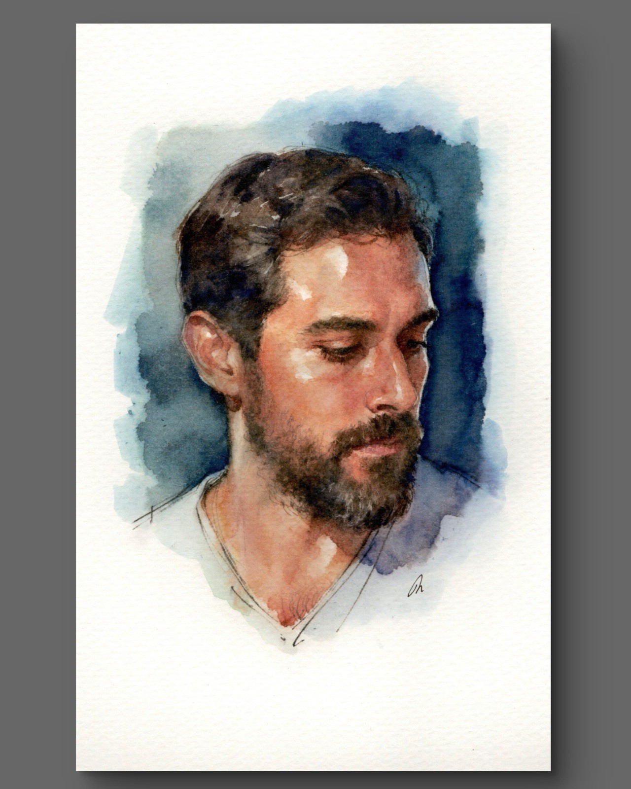 Original Watercolor Painting Classical Male Figure Book Page 5.5 × 8.5 inches)
