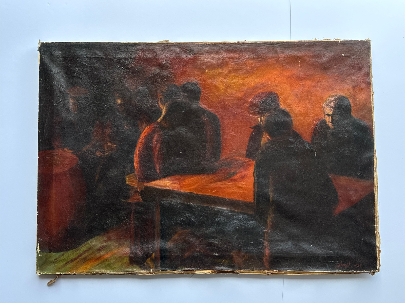 ANTIQUE PAINTING RESTORATION PROJECT LARGE Ashcan WPA REGIONALIST BAR WORKERS