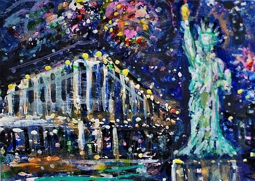 ACEO Original Painting FIREWORKS Summer NY CITY Buildings Ocean Boats Lights ART