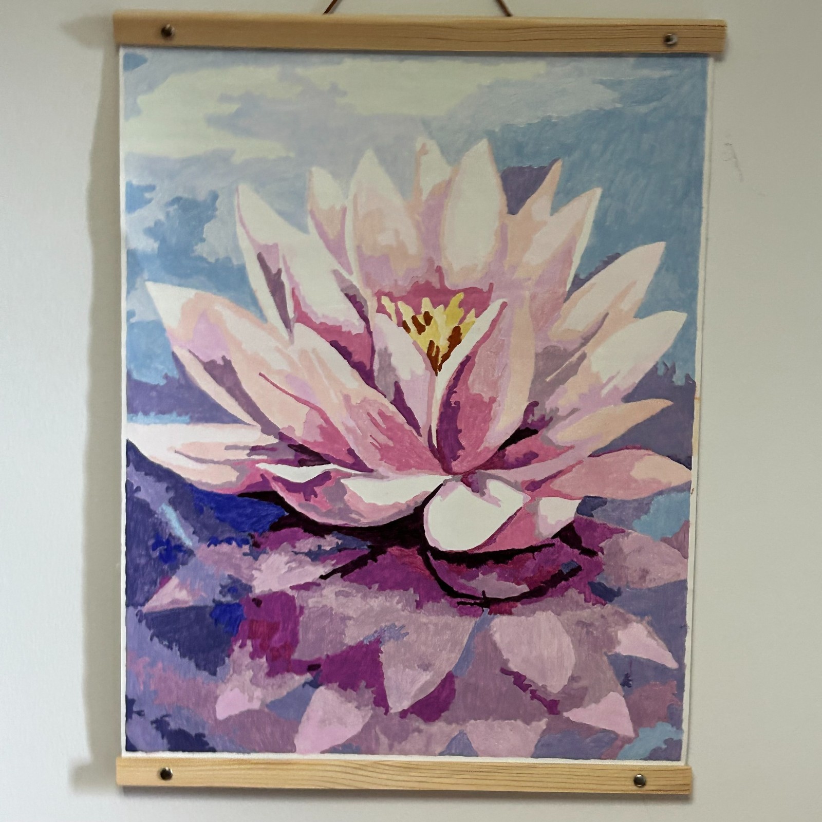 Acrylic Floating Lotus Flower Painting – 16″ x 20″ – Wood and leather frame