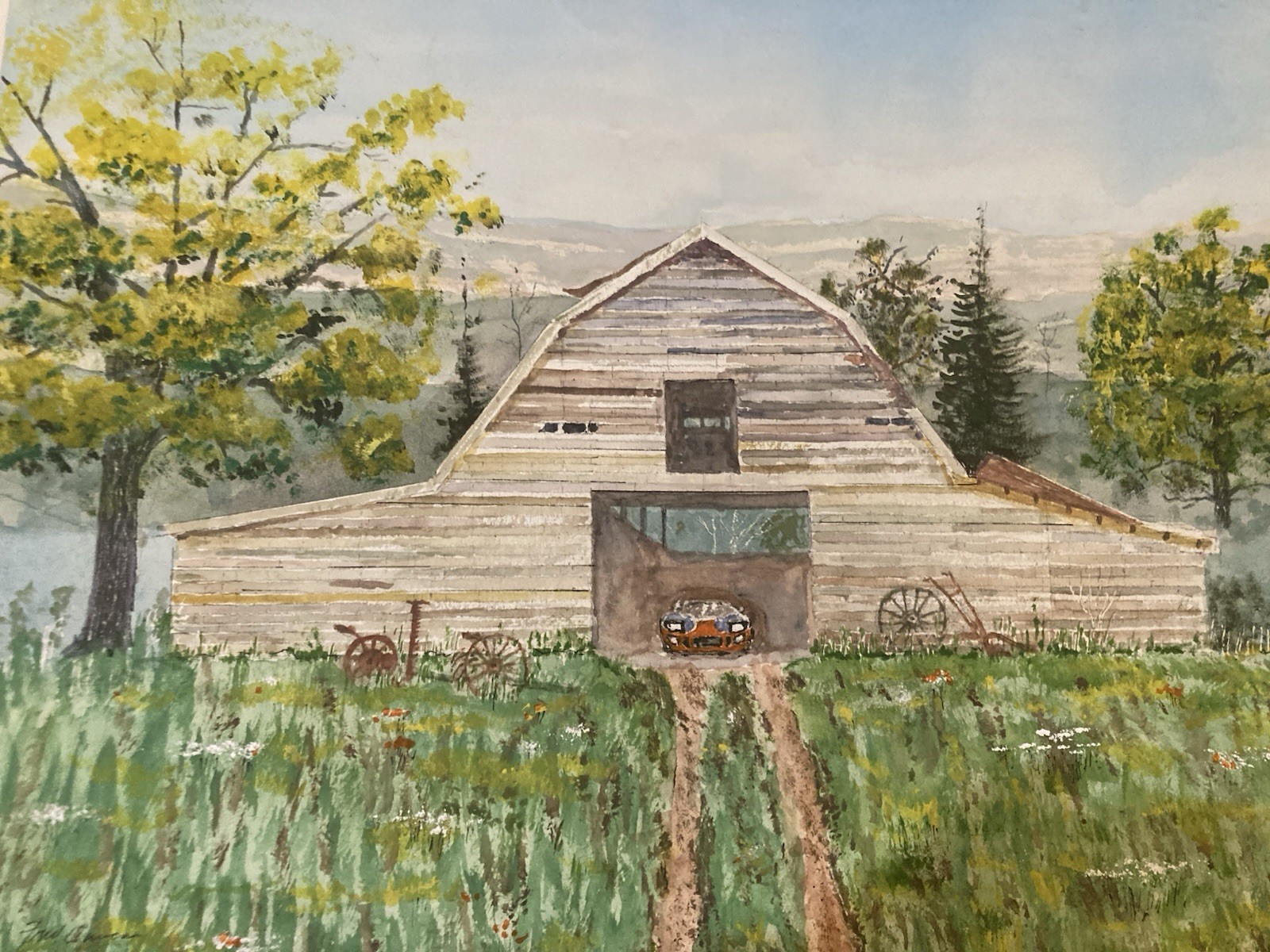 Realism Landscape Painting – Barn & Trees Field Scene, Architecture Theme