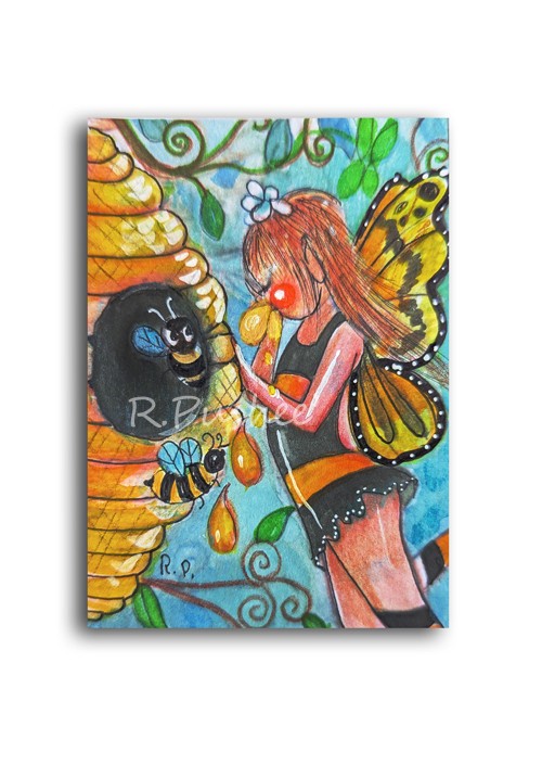 ACEO ORIGINAL ILLUSTRATION ART , Fairy,, Honey thief! Whimsical mini art