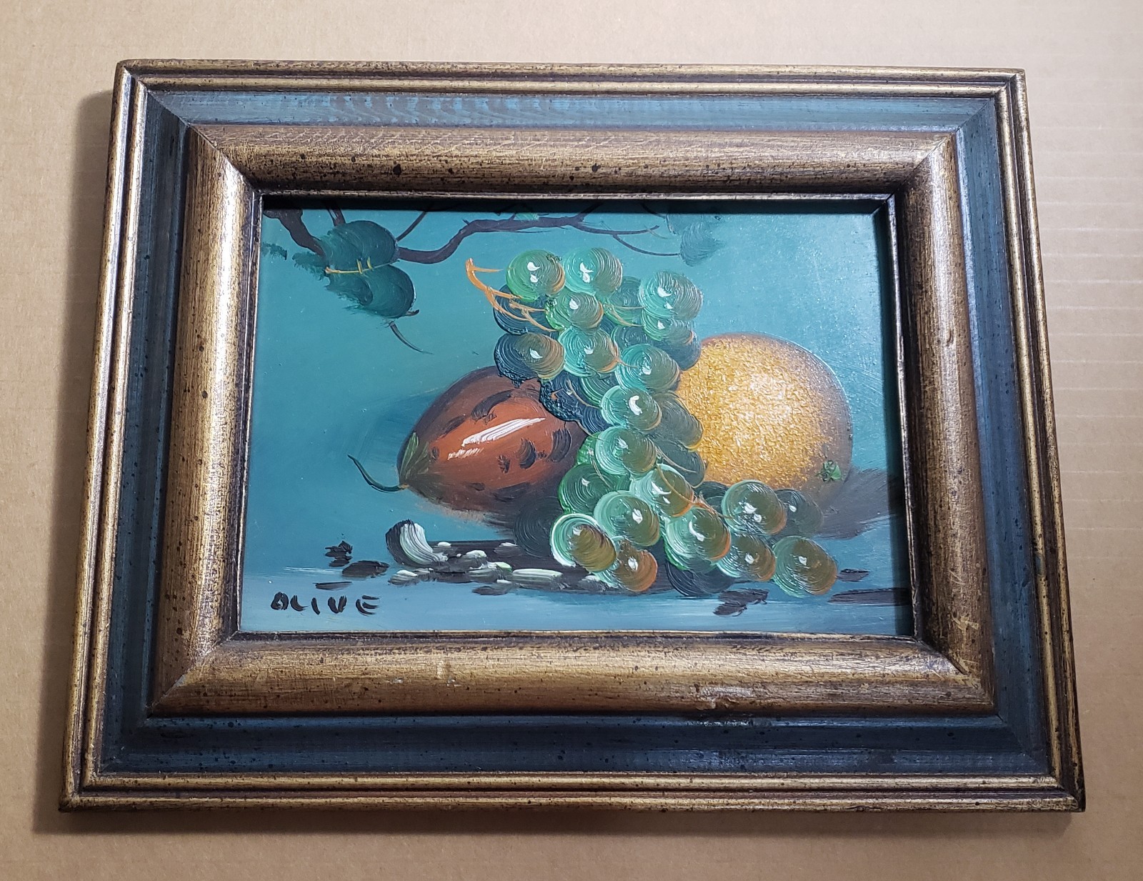 Framed Still Life Grapes Orange Fruit Small Oil Painting by Olive 7.75×10