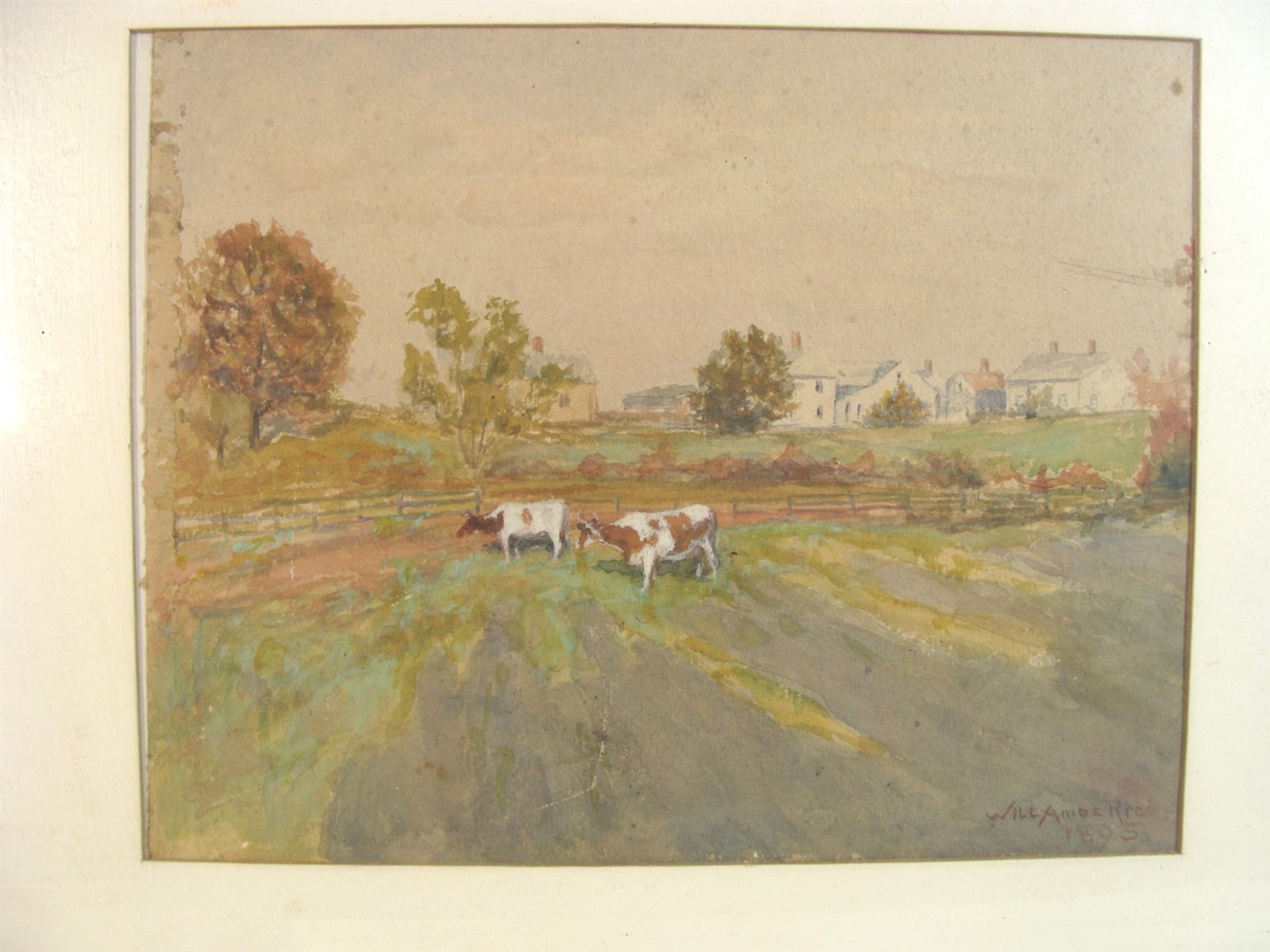 Antique 1895 Will A Rice Landscape W/ Cows W/C Painting