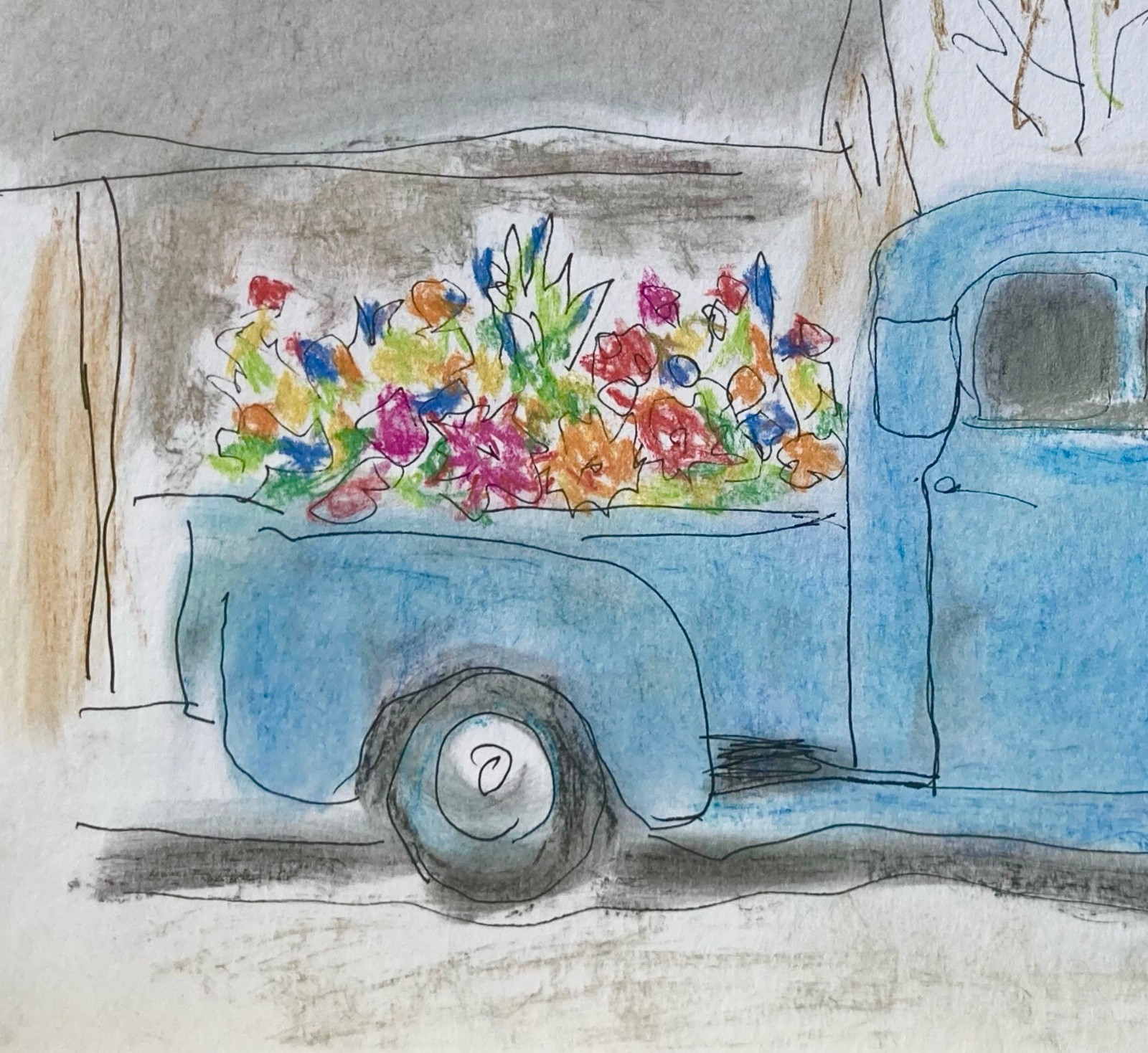 Original Mixed Media Retro Wall Art 11×14 Flowers Pickup Truck, Holly Hammond