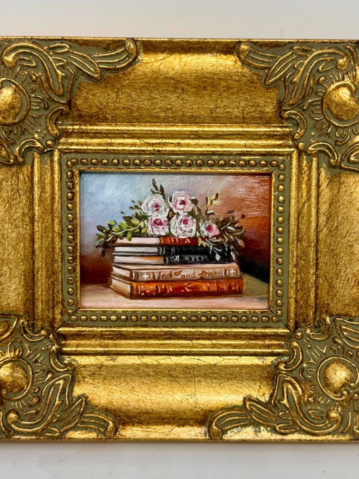 Vintage Mini Books and Flowers Still Life Painting Ornate Gold Frame
