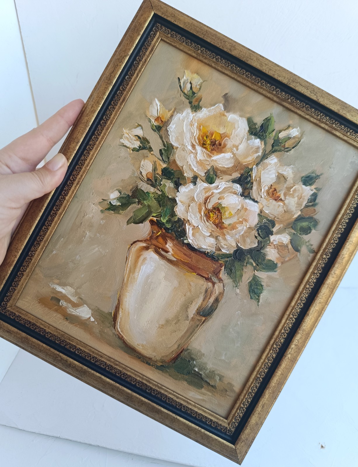 White Roses in a Vase Original Oil Painting Framed Floral Wall Art 8×10 in