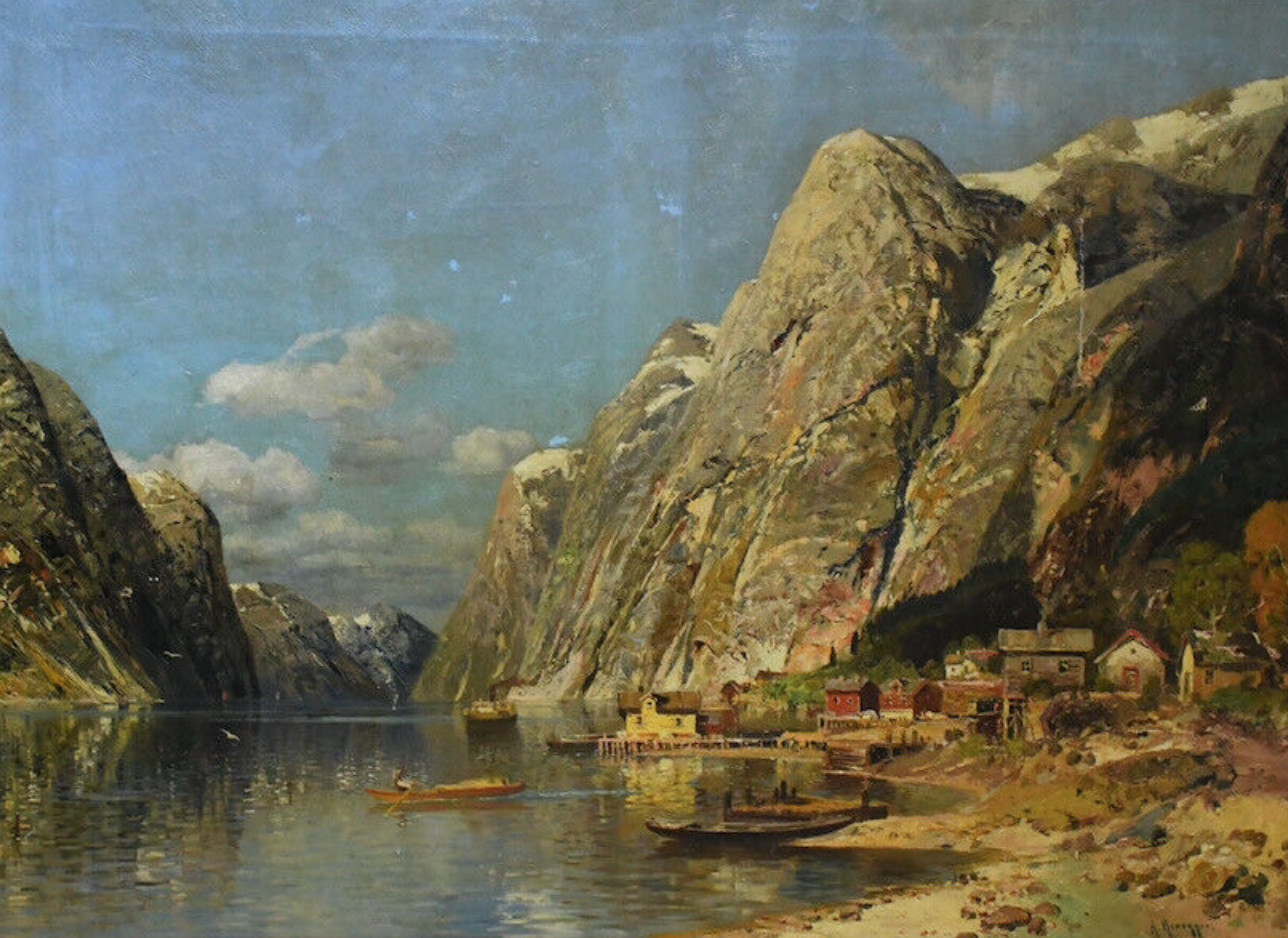Wide atmospheric fjord landscape, Alois Arnegger, painting on canvas