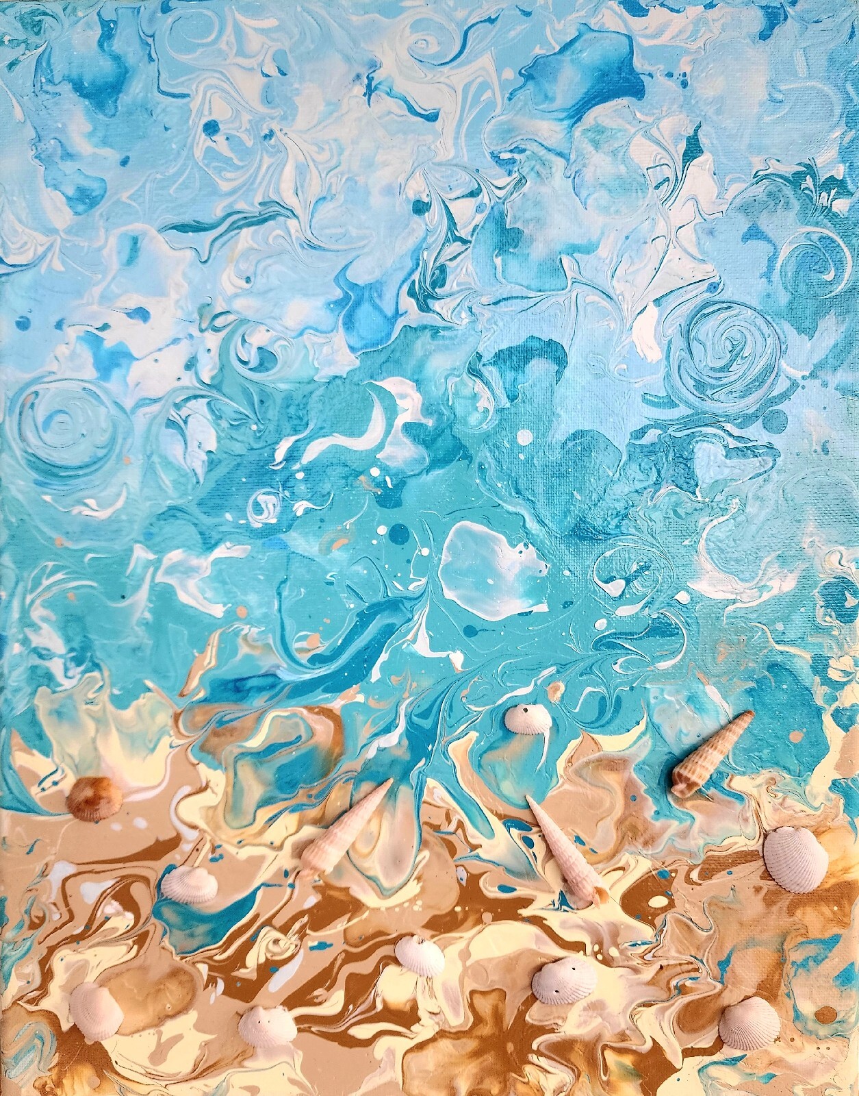 An ORIGINAL ABSTRACT FLUID PAINTING, Ocean With REAL Sea Shells. 11×14 in