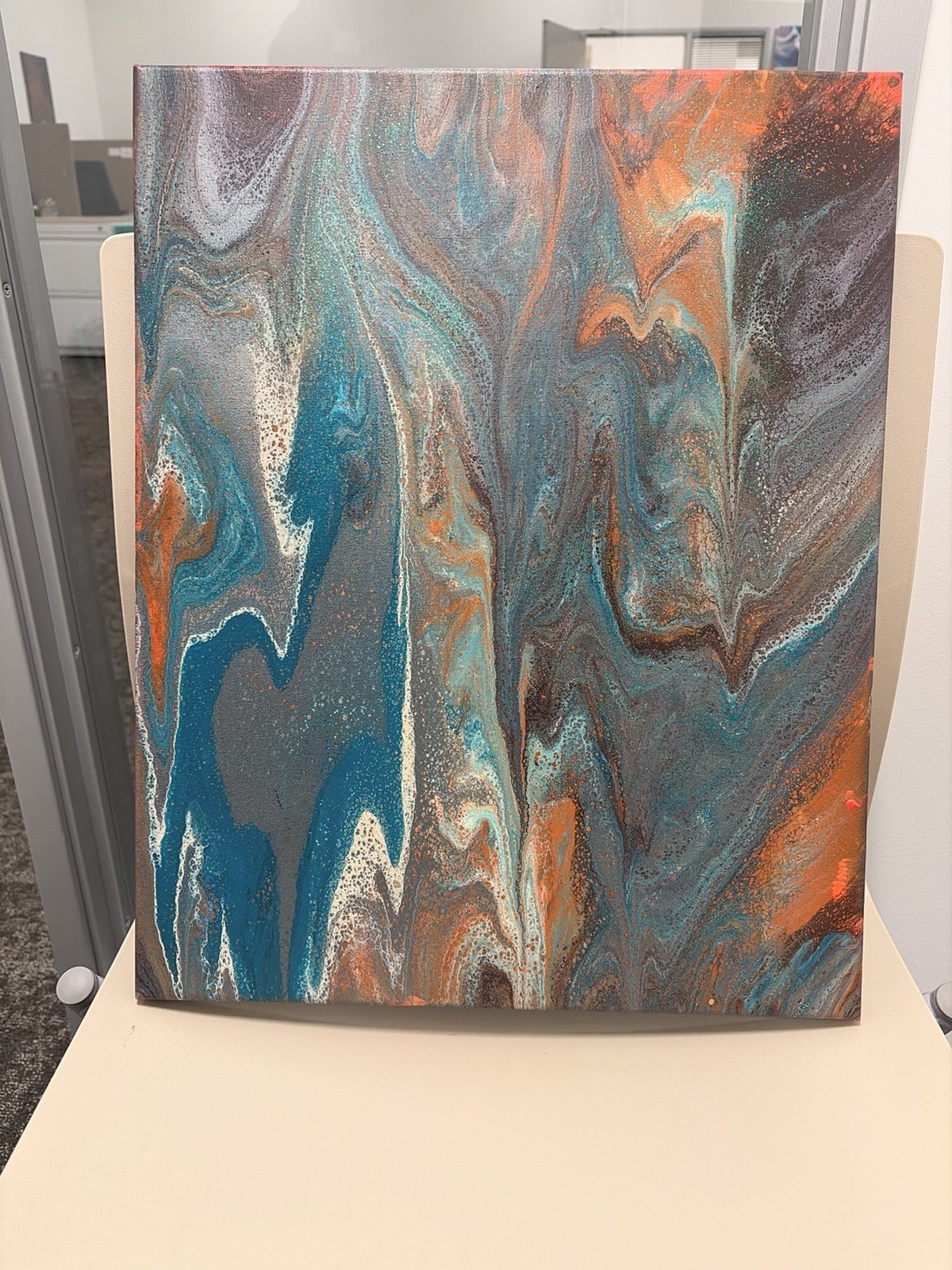 Abstract Fluid Art Painting on Canvas – Blue Gray Copper Tones Unframed