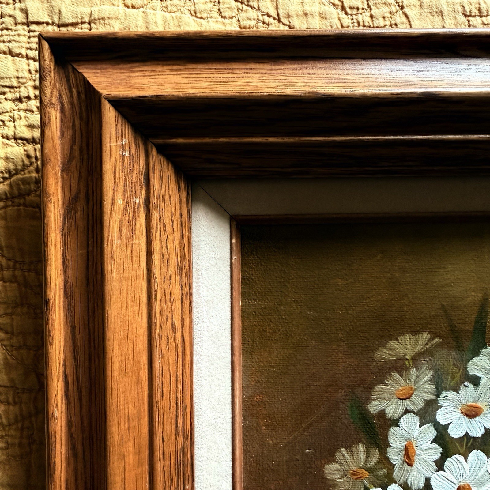 Vtg Wood Framed Painting With Linen Liner White Daisies In Basket Signed 13”x15”