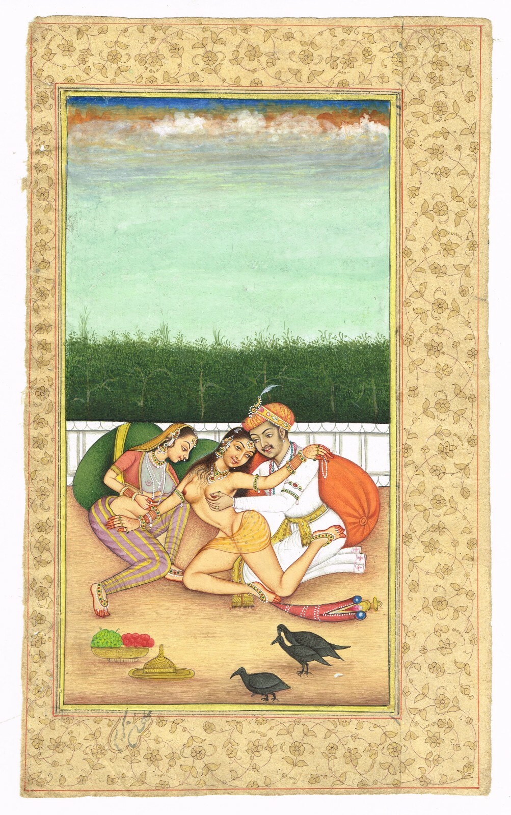 Indian Kama Sutra Art Painting Of Mughal Emperor & Queen Love Scene 6×9.5 Inches