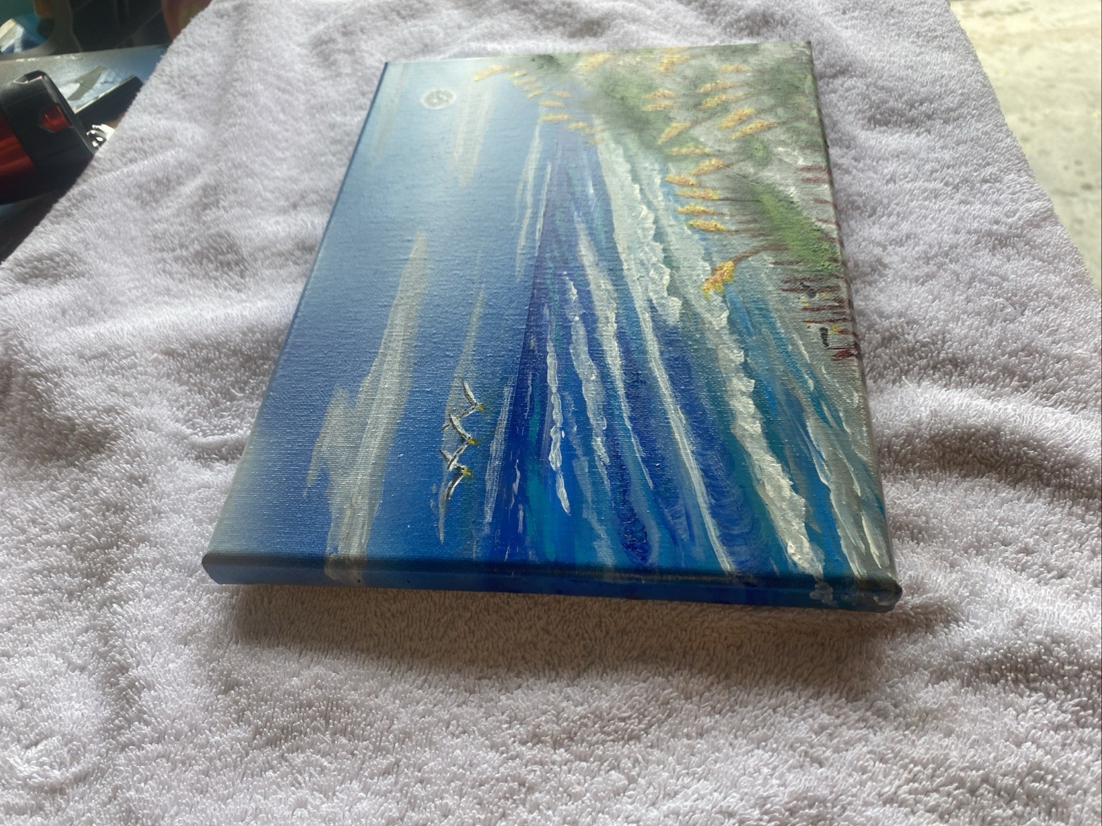 Origional Primative 9×12 Inch Sray Paint & Acrylic Beach seashore Painting
