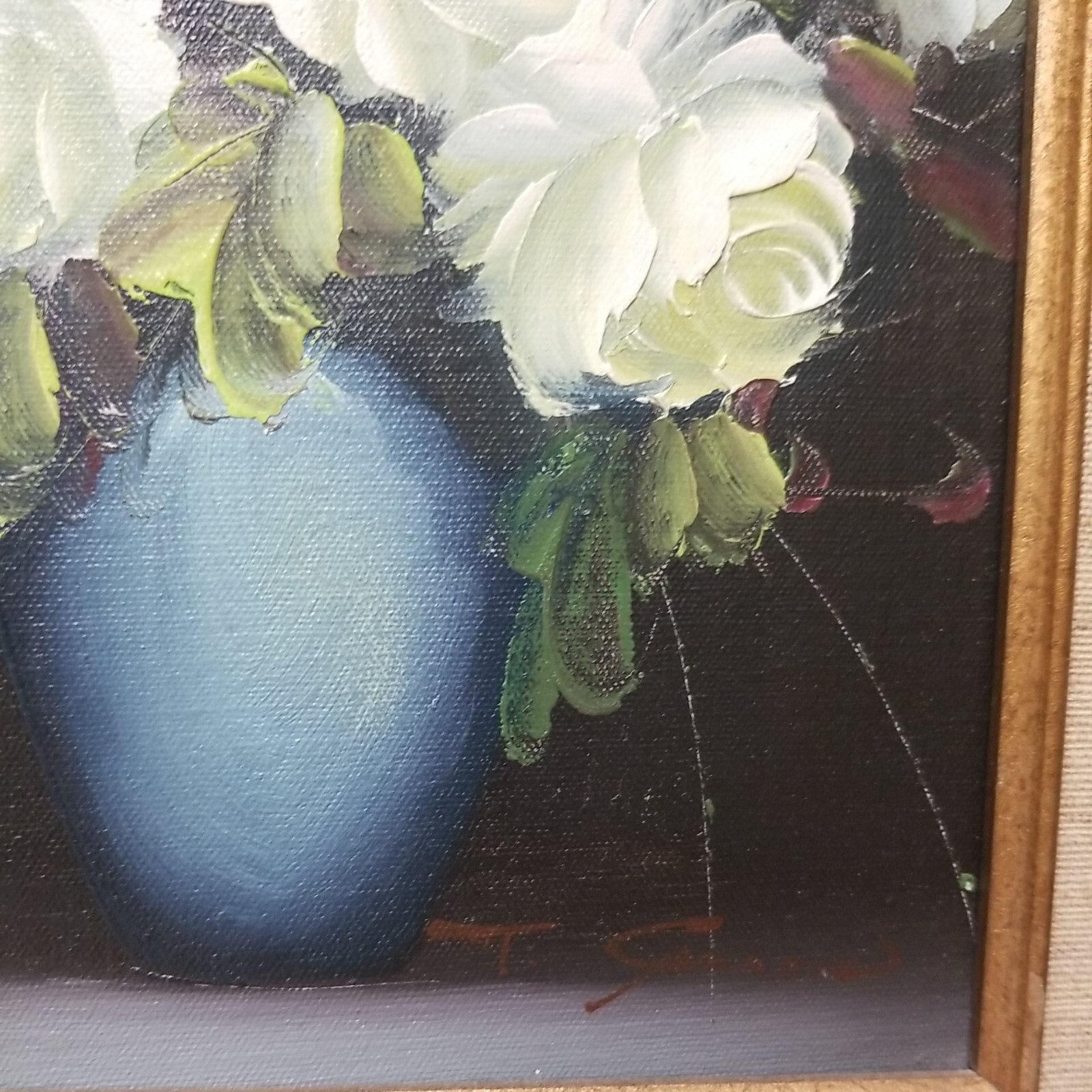 Still Life Oil Painting White Roses Bouquet Flowers In Vase Framed Canvas Signed