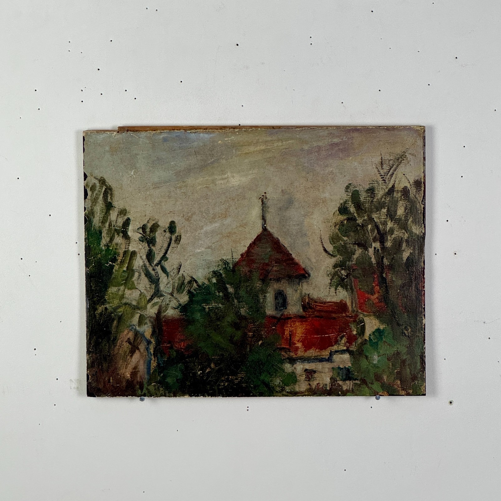 Charming Salvaged Oil/Board Painting of European Village Countryside Scene