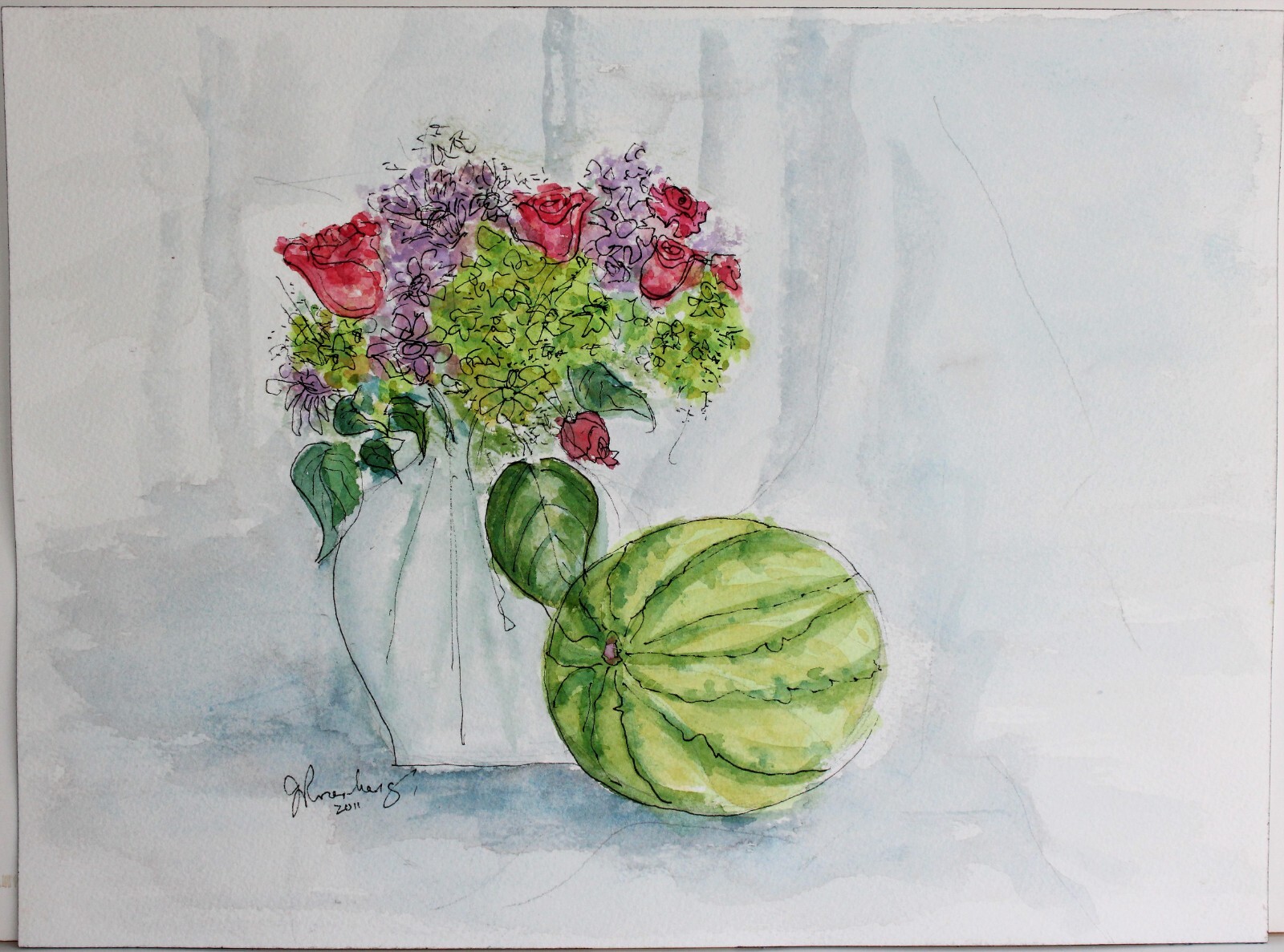 JUDITH ROSENBERG WATERCOLOR INK PAPER SIGNED STILL LIFE FAMOUS JEWELRY DESIGNER