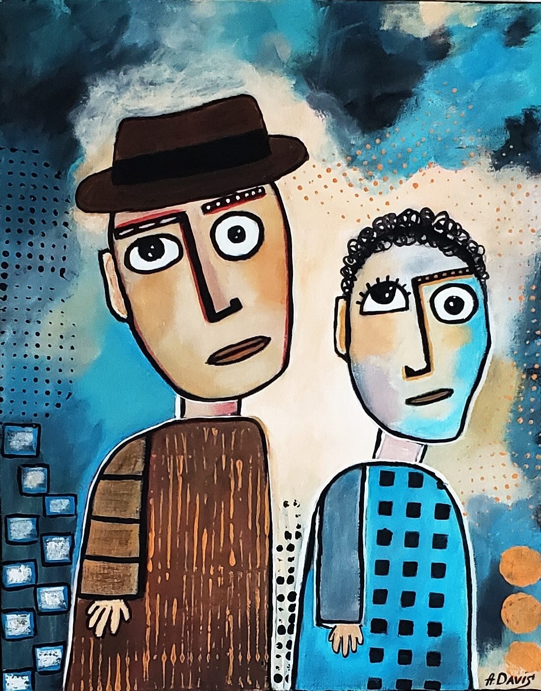 A.Z. Davis 20″X 16″ Painting Abstract Modern Figurative Men Picasso Pop Cubism