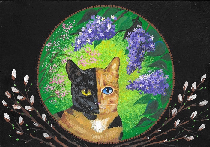 4X6 PRINT OF PAINTING RYTA TORTOISESHELL BLACK CALICO CAT Lilac Garden Art Folk