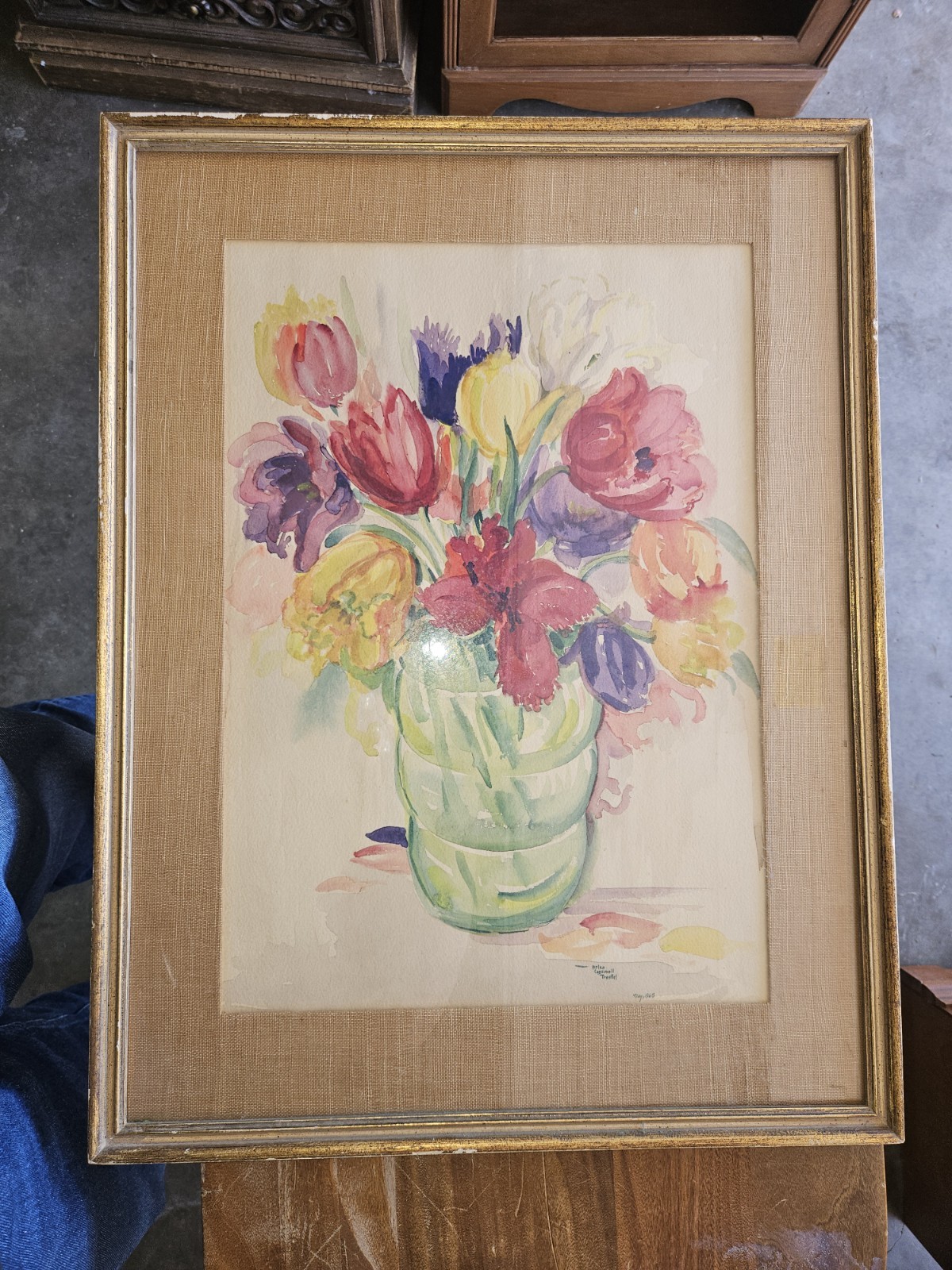 Helen Cogswell Trostel Signed Watercolor Tulips Still Life Vase Matted Framed