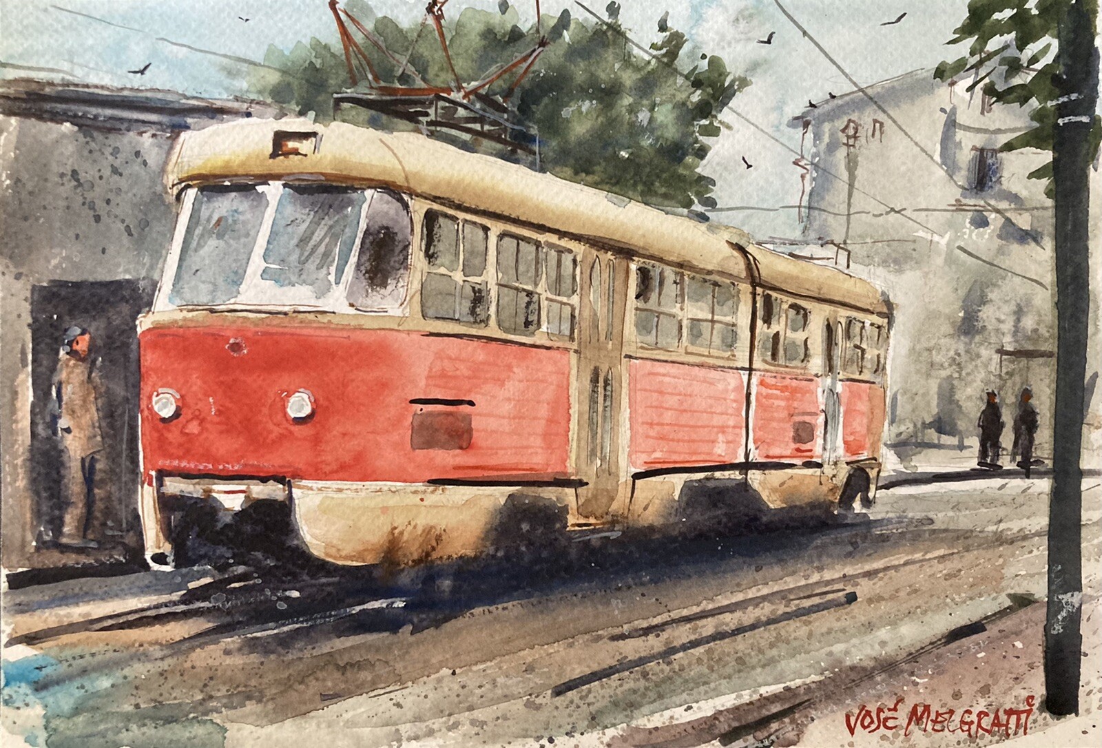 Original Watercolor Painting Tram Line 7.1/2″ X 11″