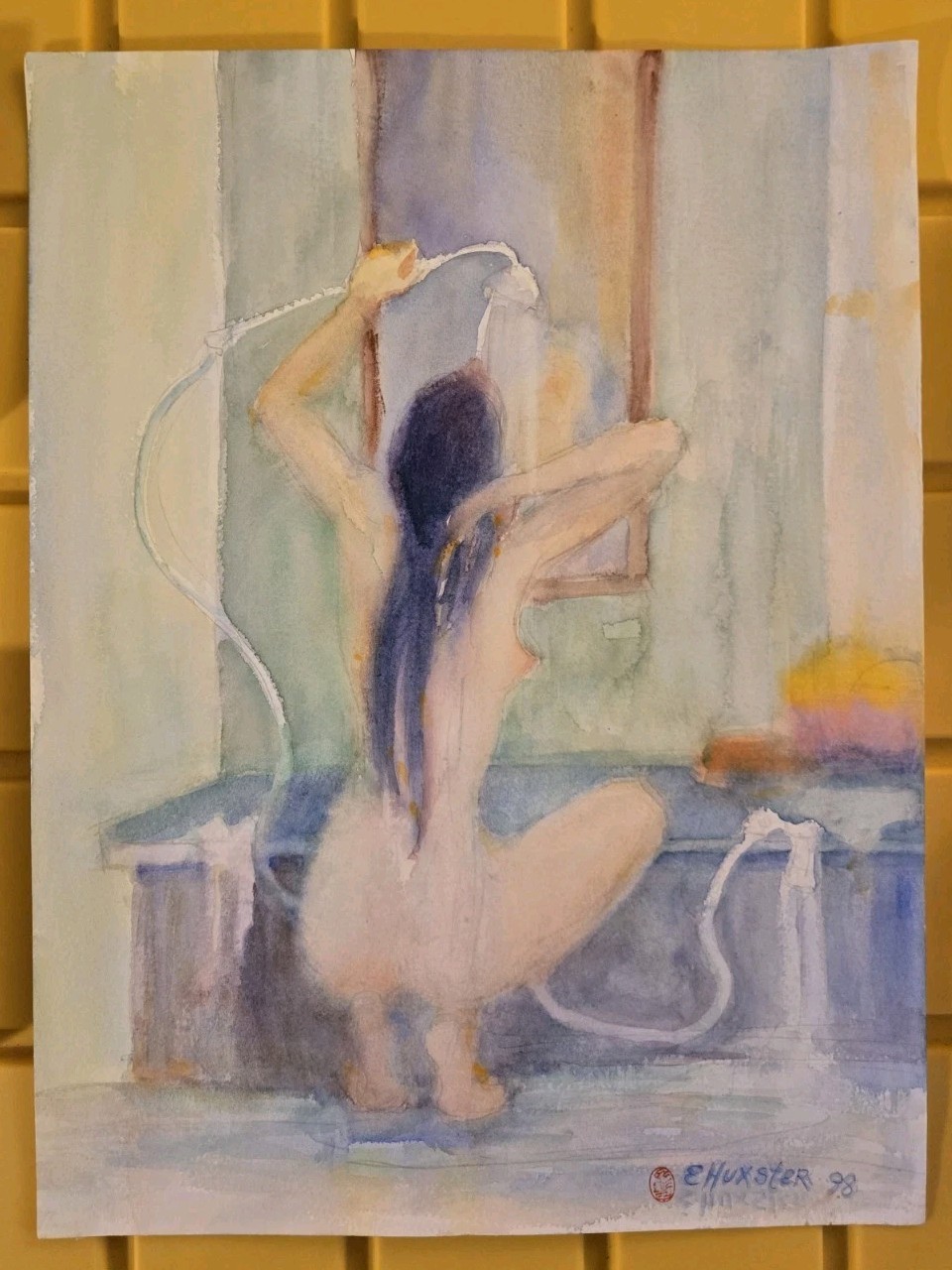 Vintage Watercolor Painting Nude Woman Bathing Dr. Evelyn Huxster (deceased)