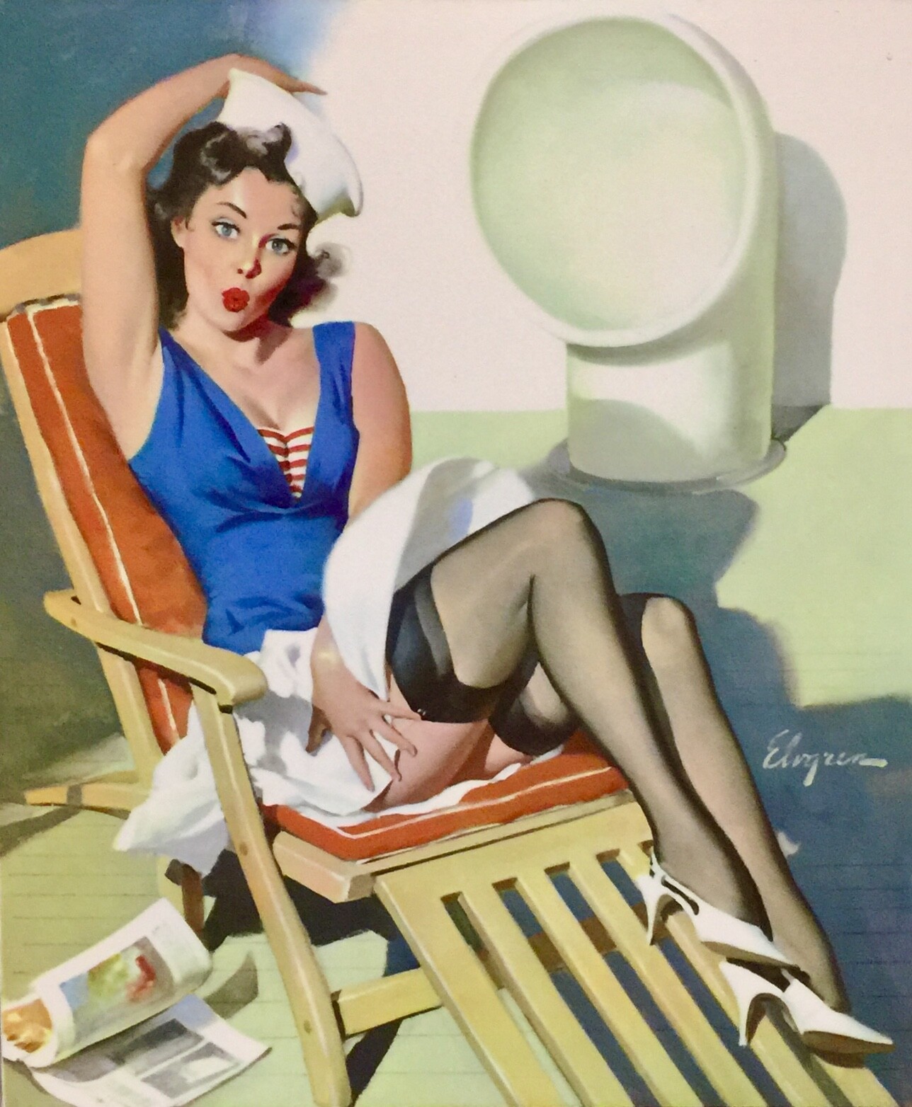 DORIS DAY Pinup Elvgren Original Painting UPSKIRT Pin-Up Stockings AIRPORT 1 of2