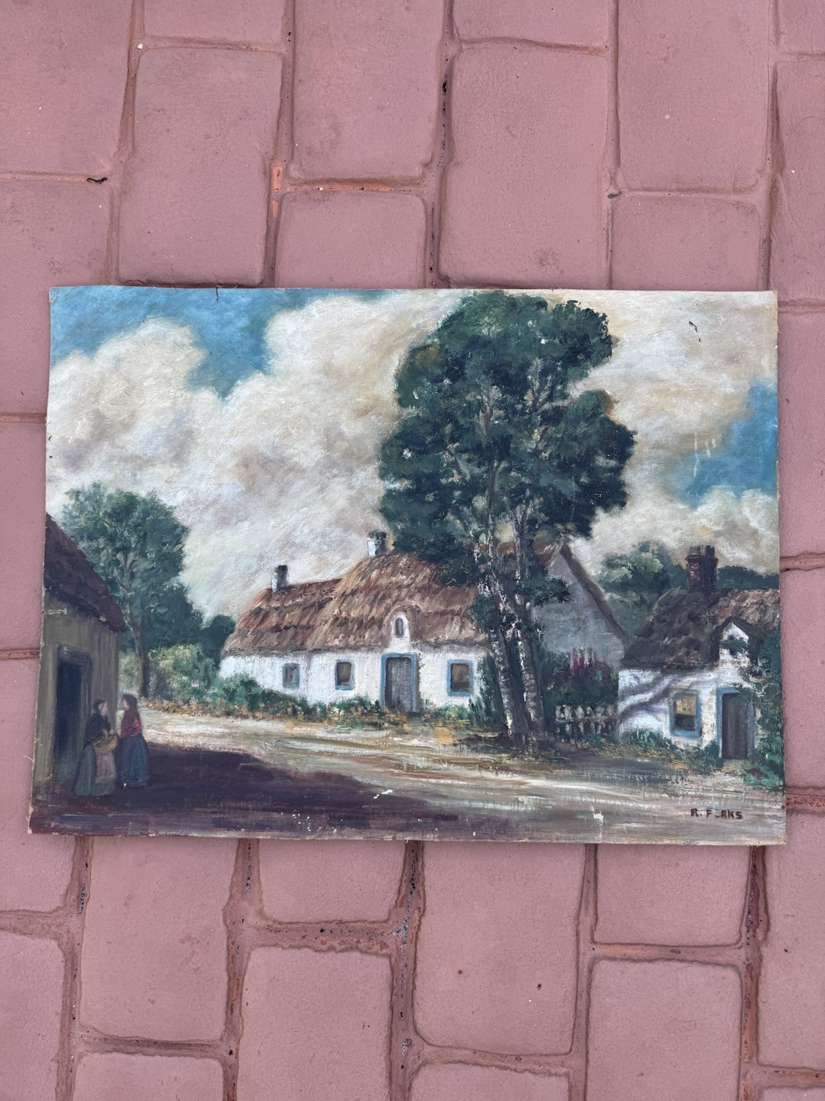 Vintage 1950’s Rural Thatched Cottage- Oil on Board Painting – Ruth Flaks