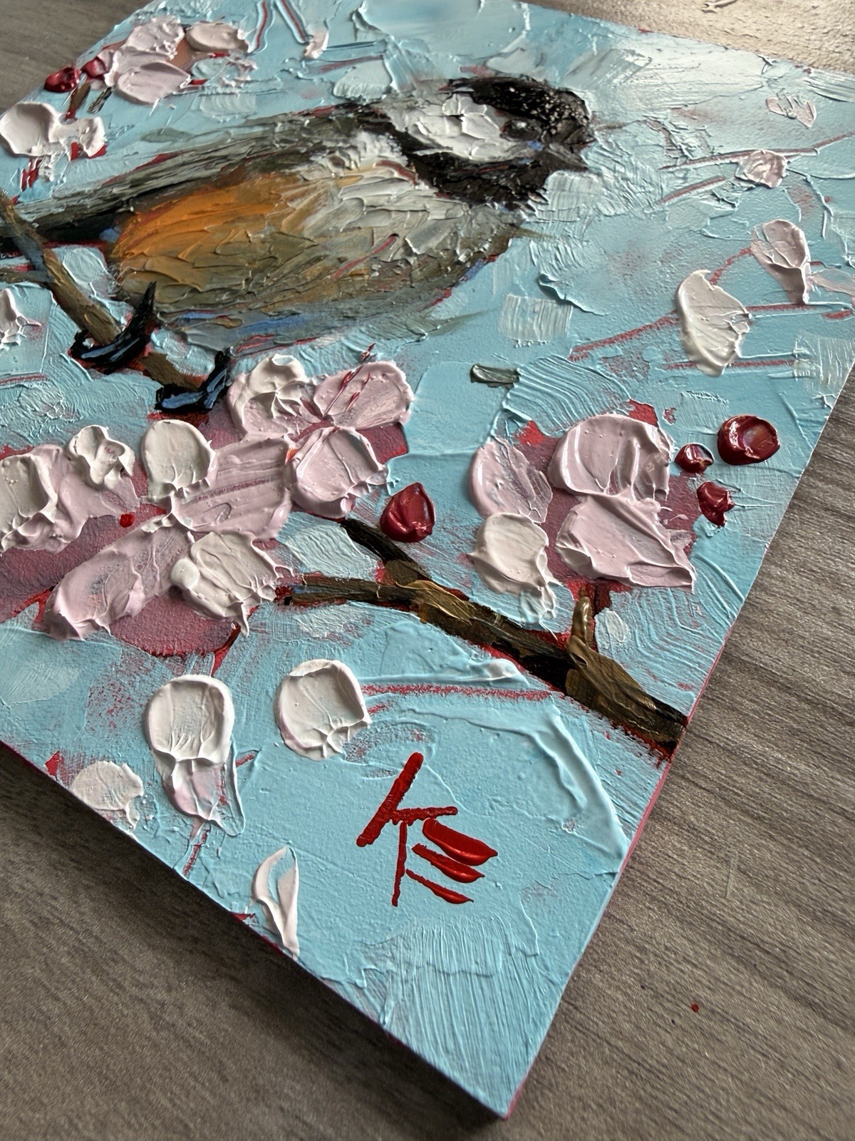 Chickadee Blossoms bird Original Painting On Panel 6 X 6 IN Art Krista Eaton