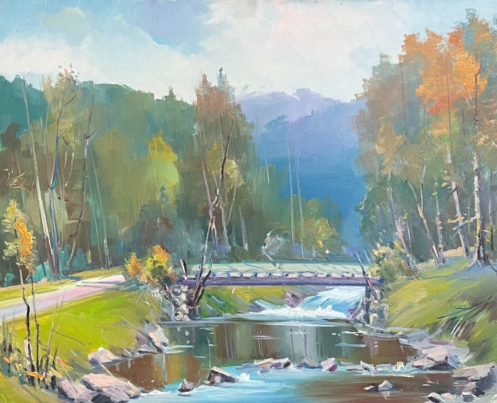 Oil painting Bridge Ukrainian painter Canvas Framed Decor original landscape art