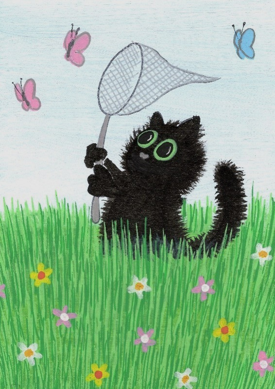 ACEO Mini *Art Print* Fluffy Black Kitten Kitty Baby Cat & Butterflies – Saulite