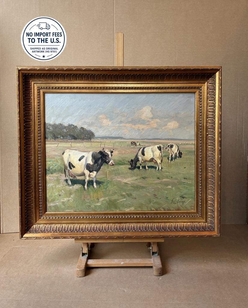 Knud Edsberg (1911) Fine Pastoral Landscape with Grazing Cows. ca 1940. COA