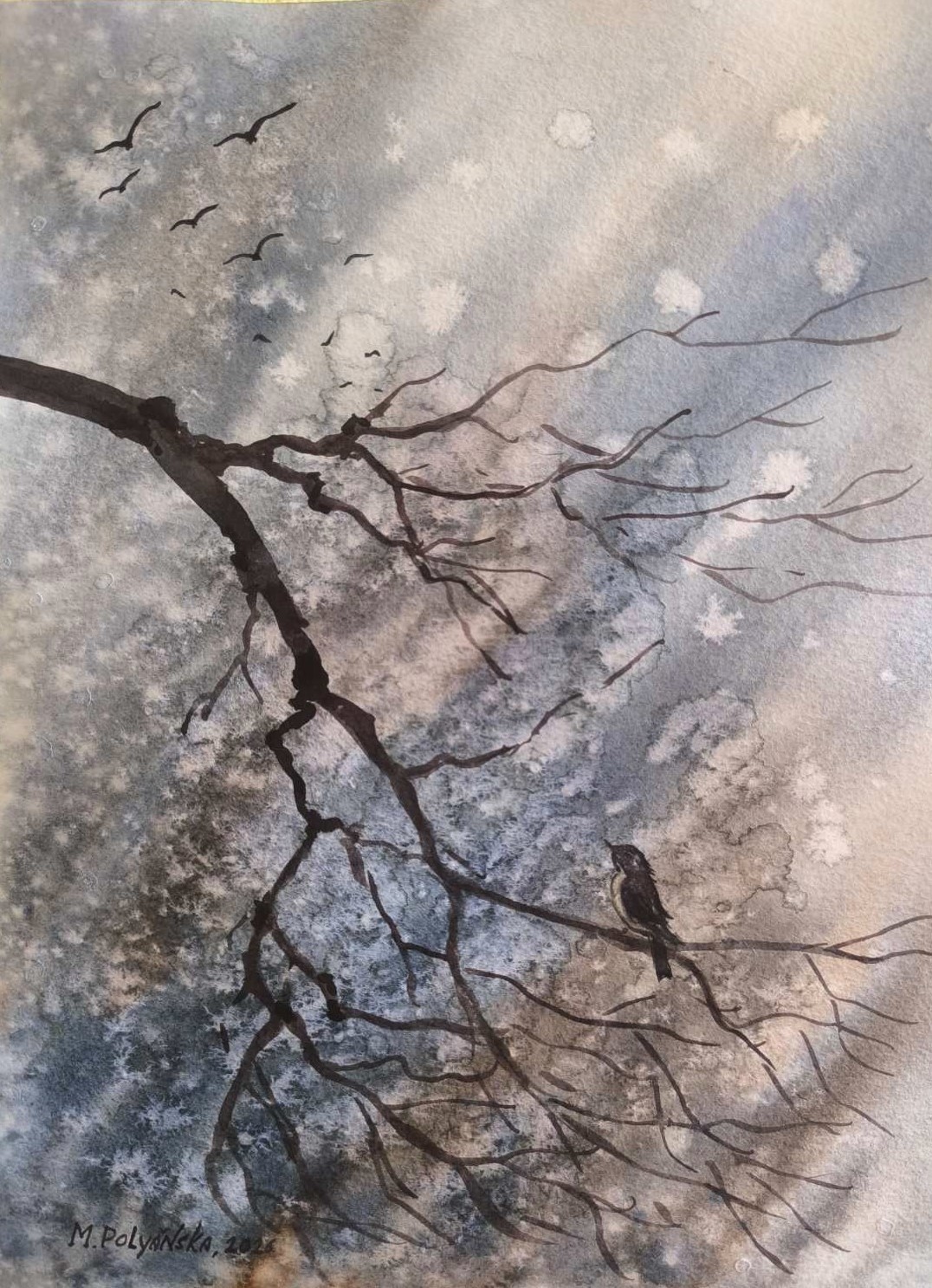 BERDS FLYING SKY Original Modern Artwork Painting Landscape FOGGY FOREST Gift A4