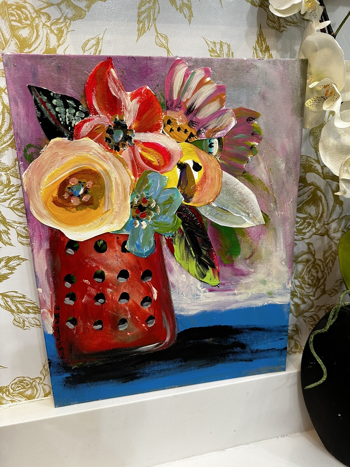 Art Hand Painted Artwork Hand Made Paper Collage Flowers On Board OOAK Signed