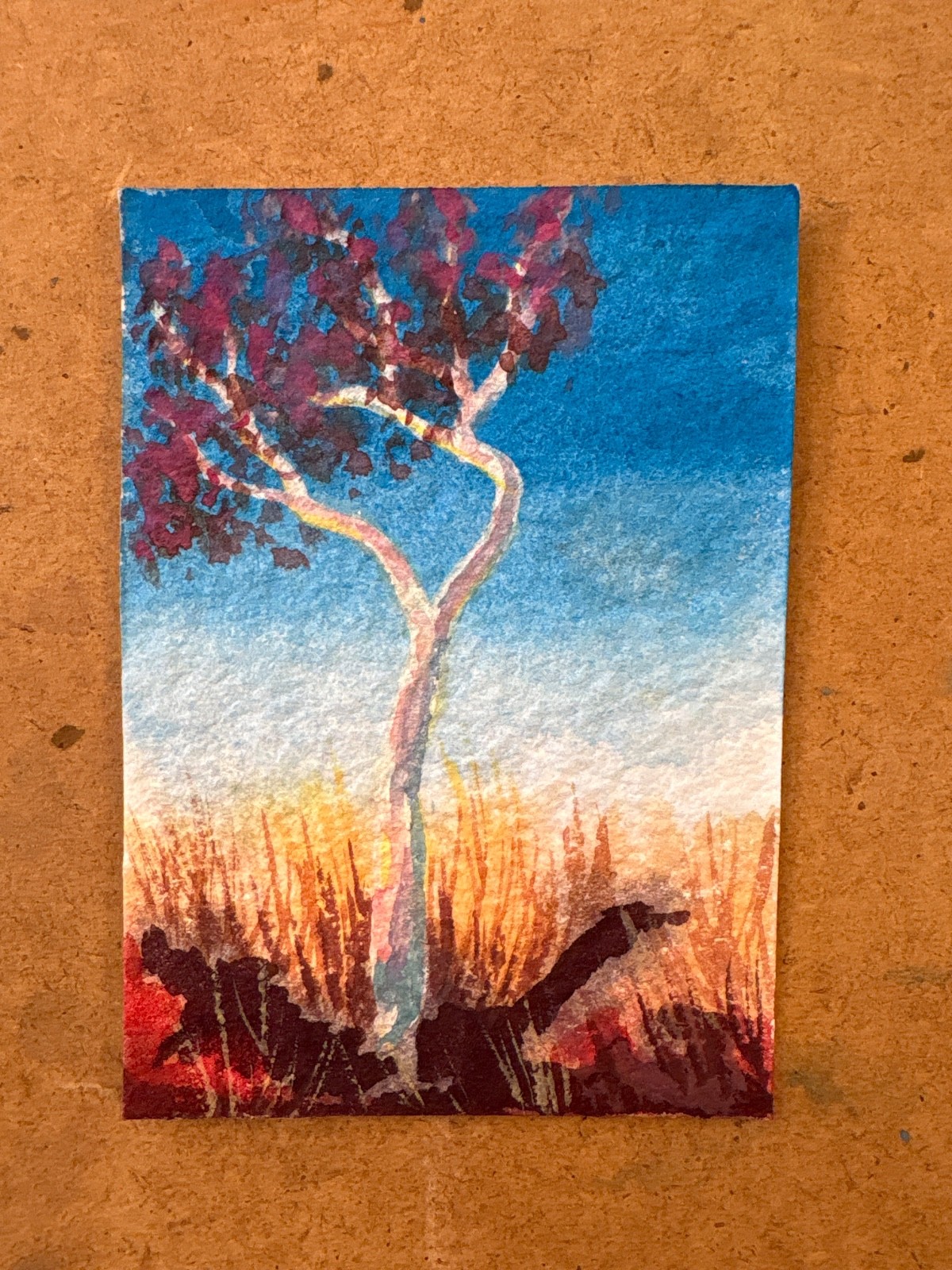 ACEO original landscape painting in gouache. 3.5 by 2.5, 1/3 in Tree series.