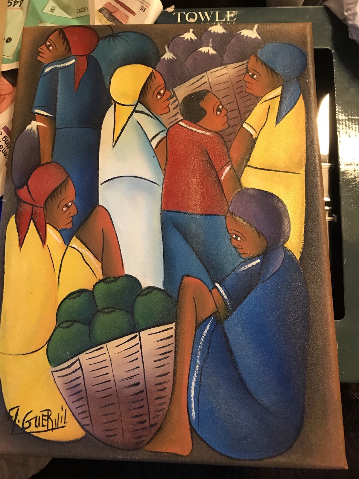 Vintage Haitian Market Place, A Guervil Acrylic On Canvas Stretched Onto Wood,