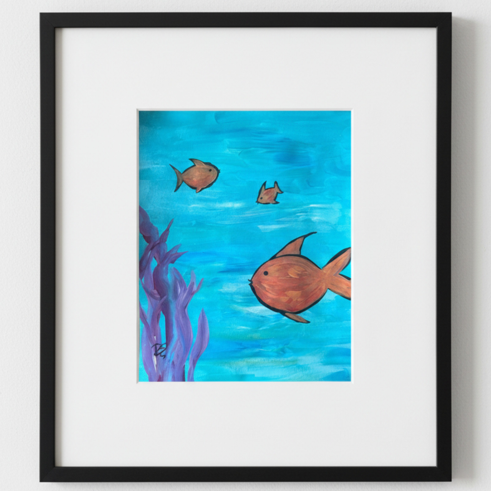 Original Impressionist 11×14 Ocean Acrylic Painting Signed Blue «Tropical Dive»