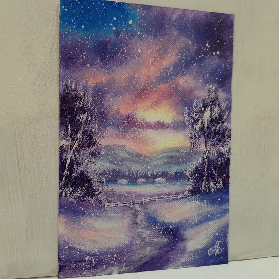Winter Sunset Snowfall Landscape Cabins Mountains Path Holiday Decor Wall Art